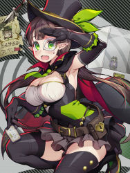 Rule 34 | 1girl, armpits, ayumi (phantom thief) (princess connect!), ayumi (princess connect!), belt, breasts, brown hair, cape, character request, cleavage, elbow gloves, gloves, green eyes, hat, highres, knife, large breasts, long hair, looking at viewer, moguru, open mouth, pointy ears, princess connect!, solo, thighhighs, top hat, very long hair, wanted