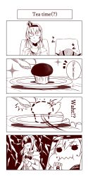 Rule 34 | 10s, 2girls, 4koma, absurdres, bismarck (kancolle), bow, bowtie, brown theme, chair, close-up, closed mouth, comic, crown, cup, dotted line, eating, english text, female focus, food, food on face, fork, hat, height difference, highres, holding, holding cup, jitome, kantai collection, mini crown, monochrome, muffin, multiple girls, peaked cap, plate, sitting, sparkle, sweatdrop, teacup, text focus, tongs, tsukuba 0623, upper body, warspite (kancolle), white background
