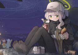 Rule 34 | 3girls, absurdres, black pantyhose, black scarf, blue archive, blush, closed mouth, eating, feet, food, green eyes, green jacket, grey hair, grey headwear, halo, hare (blue archive), hare (camp) (blue archive), hat, highres, holding, holding food, hood, hood down, hooded jacket, jacket, kotama (blue archive), kotama (camp) (blue archive), long hair, looking at viewer, maki (blue archive), maki (camp) (blue archive), mofftarkin, multiple girls, official alternate costume, open clothes, open jacket, pantyhose, ponytail, scarf, shoes, soles, sweet potato, toes, unworn shoes