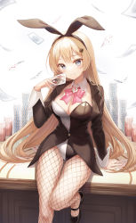 Rule 34 | 0v0 (l seohui), 1girl, animal ears, black coat, black footwear, blonde hair, blue eyes, bow, bowtie, breasts, card, cleavage, coat, detached collar, fake animal ears, fishnet pantyhose, fishnets, hair ornament, hairband, hairclip, hand up, highres, holding, large breasts, leotard, long hair, long sleeves, looking at viewer, mary janes, original, pantyhose, playboy bunny, playing card, poker chip, rabbit ears, shoes, sitting, smile, solo, tailcoat, two-tone leotard, very long hair