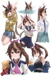 Rule 34 | 1girl, 9 no seicho nikki, absurdres, alternate costume, arm up, arms up, ascot, black thighhighs, blue eyes, blue shorts, blue skirt, blush, breasts, brown hair, closed eyes, clothes around waist, collared jacket, crop top, cup, disposable cup, double w, epaulettes, eyewear on head, fishnet top, fishnets, grin, highres, holding, holding cup, horse girl, jacket, jewelry, long hair, midriff, midriff peek, multicolored hair, multiple views, navel, necklace, official art, open mouth, partially submerged, pink ascot, ponytail, sailor collar, school uniform, serafuku, shirt, shorts, single epaulette, skirt, small breasts, smile, streaked hair, sunglasses, thighhighs, tokai teio (umamusume), umamusume, w, water, wet, white shirt, yellow shirt