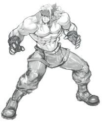 Rule 34 | 1boy, abs, alex (street fighter), boots, capcom, combat boots, commentary, david liu, english commentary, fighting stance, fingerless gloves, full body, gloves, greyscale, headband, long hair, male focus, manly, monochrome, muscular, overalls, pectorals, sketch, solo, street fighter, street fighter iii (series), suspenders hanging, tattoo, topless male, unfinished