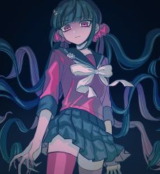 Rule 34 | 1girl, black background, black sailor collar, black skirt, blunt bangs, bow, bowtie, closed mouth, danganronpa (series), danganronpa v3: killing harmony, earrings, fingernails, from below, gradient background, hair ornament, hair scrunchie, hairclip, harukawa maki, highres, jewelry, looking at viewer, mole, mole under eye, pisapipi, pleated skirt, red eyes, red scrunchie, red shirt, red thighhighs, sailor collar, scrunchie, sharp fingernails, shirt, skirt, solo, thighhighs, twintails, white bow, white bowtie, zettai ryouiki