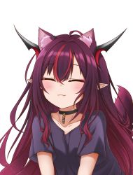 Rule 34 | 1girl, :3, absurdres, ahoge, animal ear fluff, animal ears, black collar, black shirt, closed eyes, collar, collarbone, fang, fang out, hair between eyes, highres, hololive, hololive english, horns, irys (hololive), jan azure, kemonomimi mode, long hair, multicolored hair, pointy ears, purple hair, red hair, shirt, short sleeves, simple background, smile, solo, streaked hair, tail, two-tone hair, virtual youtuber, white background