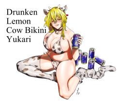 Rule 34 | 1girl, alcohol, animal ears, animal print, asymmetrical legwear, bell, bikini, blonde hair, blush, breasts, brown eyes, can, cleavage, closed mouth, commentary, commentary request, cow ears, cow horns, cow print, cow print bikini, cowbell, curvy, drunk, english text, fake animal ears, holding, holding can, horns, koyubi (littlefinger1988), large breasts, licking lips, long hair, neck bell, parted bangs, plump, print bikini, signature, simple background, sitting, skindentation, solo, stomach, swimsuit, thighhighs, thighs, tongue, tongue out, touhou, uneven legwear, white background, yakumo yukari