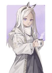 Rule 34 | 1girl, absurdres, animal ears, arknights, black skirt, commentary, cup, forehead, heavyrain (arknights), highres, holding, holding cup, hood, hood down, hooded jacket, jacket, long hair, long sleeves, looking at viewer, mug, open clothes, open jacket, parted bangs, parted lips, puffy long sleeves, puffy sleeves, purple eyes, resolution mismatch, shirt, skirt, sleeves past wrists, solo, source larger, white hair, white jacket, white shirt, yinghuahua, zebra ears
