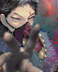 Rule 34 | 1boy, black hair, blood, blood on face, blurry, blurry foreground, boku no hero academia, feather-trimmed jacket, feathers, hand up, highres, male focus, mask, mouth mask, oekakinozobon, overhaul (boku no hero academia), plague doctor mask, purple feathers, short hair, solo, upper body, very short hair