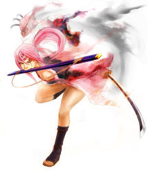 Rule 34 | 1girl, arc system works, baiken, breasts, claws, cleavage, guilty gear, holding, holding sword, holding weapon, large breasts, mouth hold, nishioka tomozou, pink hair, ponytail, sheath, smoke, socks, solo, standing, standing on one leg, sword, thighs, weapon