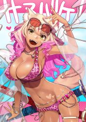 Rule 34 | 1girl, animal ear fluff, animal ears, animal print, belly chain, bikini, blonde hair, bracelet, breasts, cleavage, dark-skinned female, dark skin, eyewear on head, fate/extra, fate/extra ccc, fate/extra ccc fox tail, fate/grand order, fate (series), fox ears, fox girl, fox tail, gradient hair, gyaru, hair between eyes, heart, heart tattoo, highres, jewelry, large breasts, leopard print, long hair, looking at viewer, multicolored hair, navel, necklace, ocean, official art, open mouth, pink bikini, pink hair, pink nails, smile, spoken heart, sunglasses, suzuka gozen (fate), suzuka gozen (swimsuit rider) (fate), suzuka gozen (swimsuit rider) (second ascension) (fate), swimsuit, tail, takenoko seijin, tan, tattoo, translation request, yellow eyes