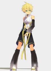 Rule 34 | 1boy, aqua eyes, arm behind back, bare shoulders, belt, black legwear, black shorts, black sleeves, blonde hair, blouse, choker, commentary, d futagosaikyou, detached sleeves, full body, grey background, headphones, highres, kagamine len, kagamine len (append), leg warmers, light smile, looking to the side, male focus, pendant choker, pigeon-toed, see-through, see-through legwear, shadow, shirt, shorts, sketch, sleeveless, sleeveless shirt, solo, spiked hair, standing, vocaloid, vocaloid append, white shirt