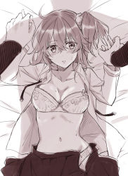 Rule 34 | 1boy, 1girl, bed sheet, blush, bra, breasts, cleavage, collarbone, dress shirt, fate/grand order, fate (series), from above, fujimaru ritsuka (female), greyscale, hair between eyes, hair ornament, hair scrunchie, holding hands, looking at viewer, lying, medium breasts, miniskirt, monochrome, navel, nishinishihigas, on back, open clothes, open shirt, open skirt, panties, parted lips, pleated skirt, scrunchie, shirt, side ponytail, skirt, sweatdrop, underwear