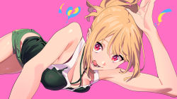 Rule 34 | 1girl, :d, arm up, blonde hair, breasts, bright pupils, cleavage, commentary request, criss-cross halter, foreshortening, halterneck, henken, highres, looking at viewer, lying, medium breasts, open mouth, original, outstretched hand, pink background, red eyes, short ponytail, short shorts, shorts, sidelocks, sienna (henken), simple background, smile, solo, tank top