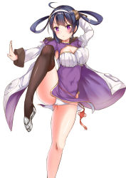 Rule 34 | 1girl, :o, ahoge, arm up, ass, azur lane, black hair, black thighhighs, blush, breasts, cameltoe, china dress, chinese clothes, cleavage, cleavage cutout, clothing cutout, commentary request, dress, fur-trimmed jacket, fur trim, gluteal fold, grey footwear, hair rings, hairpods, highres, jacket, long sleeves, looking at viewer, medium breasts, ning hai (azur lane), off shoulder, outstretched arm, panties, parted lips, pelvic curtain, purple dress, purple eyes, short sleeves, simple background, solo, standing, standing on one leg, thighhighs, underwear, v-shaped eyebrows, white background, white jacket, white panties, yukishiro arte