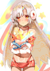 Rule 34 | 1girl, altera (fate), altera the santa (fate), bare shoulders, blush, box, breasts, choker, closed mouth, collarbone, commentary request, dark-skinned female, dark skin, detached sleeves, earmuffs, fate/grand order, fate (series), full-body tattoo, gift, gift box, gloves, highres, holding, looking at viewer, midriff, nanadonai365, navel, red eyes, revealing clothes, short hair, small breasts, solo, tan, tattoo, veil, white gloves, white hair
