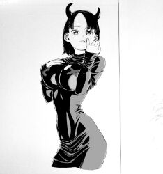 Rule 34 | 1girl, bad id, bad pixiv id, black dress, black hair, breasts, demon horns, dende (dndn222), dress, facing viewer, greyscale, highres, horns, large breasts, looking at viewer, monochrome, original, parted bangs, scan, scan artifacts, solo, standing, teeth, tight clothes, tight dress, traditional media