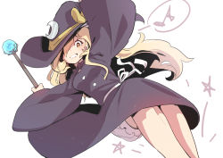 Rule 34 | 1girl, absurdres, arm up, blonde hair, bloomers, bow, bowtie, commentary request, crescent, crescent hat ornament, dress, hair over one eye, hat, hat bow, hat ornament, highres, holding, holding staff, kawayabug, kirisame marisa, kirisame marisa (pc-98), long hair, long sleeves, looking at viewer, musical note, outstretched arms, purple dress, simple background, solo, spoken musical note, spread arms, staff, star (symbol), swept bangs, touhou, underwear, white background, wide sleeves, witch hat, yellow eyes