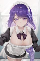 Rule 34 | 1girl, alternate costume, apron, bad id, bad twitter id, blush, bow, bowtie, braid, breasts, cleavage, detached collar, dress, flower, frills, genshin impact, hair ornament, highres, large breasts, leaning forward, long hair, looking at viewer, maid, maid apron, maid headdress, parted lips, puffy sleeves, purple eyes, purple hair, raiden shogun, skirt, solo, ueng