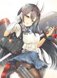 Rule 34 | 1girl, absurdres, azur lane, bag, blue skirt, breasts, cannon, commentary request, cowboy shot, gloves, hair between eyes, hand on own ear, hand on own ear, highres, horns, huge filesize, charm (object), long hair, looking at viewer, machinery, oni horns, pantyhose, pleated skirt, purple neckwear, red eyes, red horns, rigging, school bag, school uniform, shirt, single glove, skirt, smokestack, solo, standing, standing on one leg, suzuya (azur lane), thighband pantyhose, torpedo, torpedo tubes, turret, white background, white gloves, white shirt, yashita saki, yellow eyes