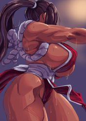 Rule 34 | 1girl, breasts, fatal fury, highres, huge breasts, large breasts, long hair, muscular, ponytail, shiranui mai, sideboob, solo, sweat