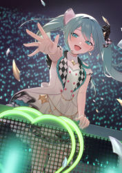 Rule 34 | 1girl, :d, absurdres, aqua eyes, aqua hair, hand up, hatsune miku, highres, idol, light stick, long hair, more more jump! (project sekai), more more jump! miku, open mouth, project sekai, smile, solo, twintails, vocaloid, vs0mr