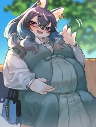Rule 34 | 1girl, animal ears, blush, breasts, furry, furry female, glasses, hair between eyes, hand on own stomach, hekate (housamo), highres, holding, large breasts, long hair, multicolored hair, pregnant, purple eyes, purple hair, shiratori yokikana, smile, tokyo houkago summoners