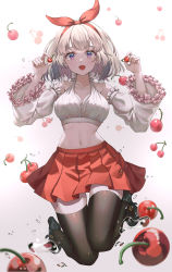 Rule 34 | 1girl, :d, absurdres, black footwear, black thighhighs, blue eyes, cherry, commentary request, detached sleeves, food, frilled sleeves, frills, fruit, full body, hair ribbon, hairband, halterneck, hands up, highres, holding, holding food, holding fruit, huge filesize, jisu lee, jumping, long sleeves, looking at viewer, medium hair, multicolored eyes, navel, open mouth, original, pleated skirt, purple eyes, red ribbon, red skirt, ribbon, shoes, skirt, smile, solo, stomach, thighhighs, white background, white hair, wide sleeves