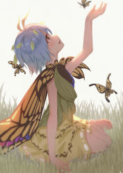 Rule 34 | 1girl, absurdres, animal, antennae, aqua hair, bad anatomy, bad perspective, barefoot, blush, brown eyes, bug, butterfly wings, dress, eternity larva, fairy, green dress, highres, insect wings, leaf, leaf on head, multicolored clothes, multicolored dress, open mouth, rangque (user vjjs4748), short hair, short sleeves, smile, solo, touhou, wings