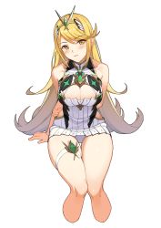 Rule 34 | 1girl, absurdres, arms behind back, blonde hair, blush, breasts, cleavage, cleavage cutout, clothing cutout, cropped legs, flipped hair, goumudan, hairband, head tilt, highres, large breasts, long hair, looking at viewer, mythra (xenoblade), nintendo, panties, parted lips, sidelocks, simple background, sitting, skindentation, solo, swept bangs, thigh gap, thigh strap, underwear, white background, white panties, xenoblade chronicles (series), xenoblade chronicles 2, yellow eyes