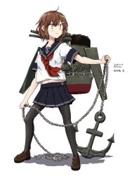 Rule 34 | 1girl, ahoge, anchor, anchor symbol, any (lucky denver mint), armor, black pantyhose, blue sailor collar, blush, brown hair, chain, closed mouth, collarbone, full body, hair ornament, hairclip, highres, holding, holding chain, ikazuchi (kancolle), kantai collection, loafers, machinery, neckerchief, pantyhose, pleated skirt, red neckerchief, rigging, sailor collar, school uniform, serafuku, shadow, shirt, shoes, short sleeves, simple background, skirt, solo, white background, yellow eyes