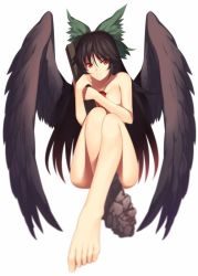 Rule 34 | 1girl, arm cannon, bird wings, black hair, black wings, blurry, bow, breasts, closed mouth, collarbone, depth of field, feathered wings, feet, foreshortening, full body, green bow, hair bow, kaiza (rider000), large breasts, long hair, looking at viewer, nude, red eyes, reiuji utsuho, shoes, simple background, single shoe, sitting, smile, solo, third eye, toes, touhou, very long hair, weapon, white background, wings