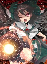 Rule 34 | 1girl, aiming, aiming at viewer, arm cannon, bad id, bad pixiv id, black hair, bow, brown hair, chirosuke, female focus, firing, foreshortening, hair bow, highres, one eye closed, red eyes, reiuji utsuho, solo, touhou, weapon, wings