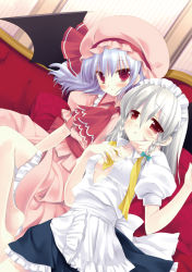 Rule 34 | 2girls, ascot, bat wings, blush, braid, breasts, cleavage, collaboration, couch, dress shirt, dutch angle, female focus, hand on another&#039;s cheek, hand on another&#039;s face, hat, izayoi sakuya, light purple hair, maid headdress, miyasu risa, multiple girls, natsume eri, necktie, no bra, open clothes, open shirt, remilia scarlet, shirt, short hair, silver hair, sitting, smile, touhou, twin braids, undone, undone necktie, wings