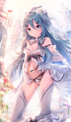 Rule 34 | 1girl, absurdres, blurry, blurry background, blush, breasts, bridal veil, choker, cityscape, cleavage, collarbone, dress, elbow gloves, flower, gloves, green hair, groin, hair between eyes, hair ornament, hair ribbon, hairclip, highres, jiang xin, kantai collection, kneeling, long hair, looking at viewer, messy hair, navel, open mouth, outdoors, panties, panty tug, ponytail, ribbon, rose, sidelocks, skirt, unworn skirt, solo, stomach, strap slip, thighhighs, thighs, underwear, veil, wedding, wedding dress, white flower, white panties, white rose, white thighhighs, yamakaze (kancolle)