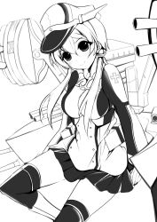 Rule 34 | 10s, 1girl, anchor hair ornament, greyscale, hair ornament, hat, highres, kantai collection, long hair, looking at viewer, machinery, marionette (excle), monochrome, monochrome, peaked cap, pleated skirt, prinz eugen (kancolle), skirt, smile, solo, turret, twintails