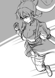 Rule 34 | 10s, 1girl, breasts, choker, cleavage, greyscale, kiyosumi hurricane, large breasts, leafa, long hair, monochrome, pointy ears, ponytail, smile, solo, sword art online, thighhighs