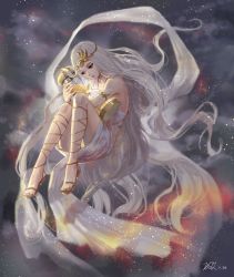 Rule 34 | 1girl, bakgae, dress, feet, fetal position, floating, full body, gold, highres, holding, hourglass, knees together feet apart, long hair, ribbon, sandals, shoes, signature, silver dress, silver hair, solo, space, star (sky), toes, very long hair, watermark