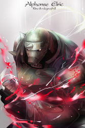 Rule 34 | 1boy, alphonse elric, armor, artist name, character name, commentary, fighting stance, flamel symbol, fullmetal alchemist, gloves, grey background, helmet, looking at viewer, male focus, red eyes, rino (1992085710), simple background, solo, white background