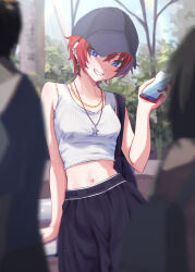 1girl absurdres baseball_cap black_hat black_pants blue_eyes blurry blurry_foreground blush breasts cellphone chain chain_necklace collarbone commentary_request cropped_shirt depth_of_field earrings fingernails hat highres holding holding_phone idolmaster idolmaster_million_live! jewelry julia_(idolmaster) kaiso_(kaisooekaki) looking_at_viewer midriff nail_polish navel necklace outdoors pants people phone red_hair ribbed_shirt shirt short_hair sleeveless sleeveless_shirt small_breasts smile solo_focus star_(symbol) star_necklace white_shirt