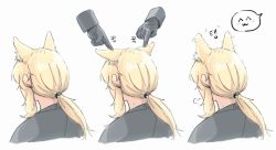 Rule 34 | 1girl, 1other, animal ears, arknights, black gloves, blonde hair, commentary request, disembodied limb, doctor (arknights), emoticon, from behind, gloves, highres, horse ears, long sleeves, low ponytail, multiple views, nearl (arknights), poking, ponytail, seung-aeja, sidelocks, sigh, simple background, speech bubble, sweatdrop, upper body, white background