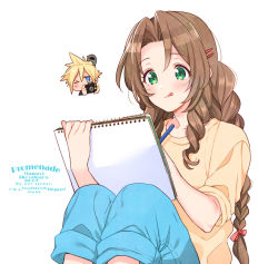 Rule 34 | 1girl, aerith gainsborough, blonde hair, blouse, blue eyes, blue pants, blush, braid, camera, chibi, cloud strife, curly hair, drawing, final fantasy, final fantasy vii, final fantasy vii remake, green eyes, hair between eyes, hair ornament, hairpin, holding, holding camera, holding sketchbook, krudears, long hair, long sleeves, one eye closed, pants, parted bangs, shirt, sidelocks, sketchbook, sleeves rolled up, spiked hair, tongue, tongue out, upper body, white background, yellow shirt