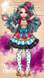 Rule 34 | 1girl, blue eyes, earrings, ever after high, female focus, gloves, gradient background, hat, jewelry, madeline hatter, md5 mismatch, mitsuya, necklace, pantyhose, solo, tea