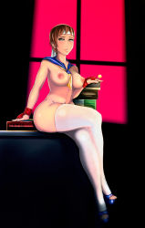 Rule 34 | 1girl, absurdres, asymmetrical breasts, between breasts, blue footwear, book, breasts, brown eyes, brown hair, candy, crossed legs, female focus, fingerless gloves, food, gloves, hachimaki, headband, highres, indoors, kasugano sakura, large breasts, lips, lollipop, looking at viewer, nipples, nude, parted lips, sailor collar, shoes, short hair, sitting, solo, street fighter, thick thighs, thighhighs, thighs, toeless legwear, toes, white thighhighs