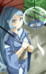 Rule 34 | 1girl, absurdres, alternate costume, blue eyes, blue hair, blurry, blurry background, boku no hero academia, bracelet, breasts, commentary request, fengling (furin-jp), foreshortening, hadou nejire, highres, holding, japanese clothes, jewelry, kimono, long hair, long sleeves, looking at viewer, oil-paper umbrella, outdoors, ponytail, sash, smile, solo, umbrella, very long hair, wide sleeves, yukata