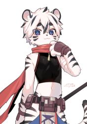 Rule 34 | 1boy, bare shoulders, bishounen, black stripes, black tank top, blue eyes, commentary, commentary request, furry, furry male, highres, looking at viewer, male focus, mceastnight, midriff, multicolored hair, original, red scarf, scarf, solo, tank top, tiger, tiger cub, two-tone fur, two-tone hair, white fur, white tiger