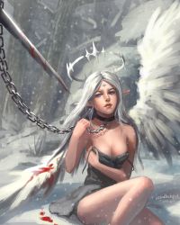 Rule 34 | 10s, 1girl, 2015, absurdres, artist name, bare shoulders, bare tree, blood, bloody weapon, bloody wings, blue eyes, breasts, chain, collar, dated, dress, facial mark, ghostblade, grey dress, grey hair, halo, highres, long hair, long pointy ears, mole, mole under eye, on ground, outdoors, parted bangs, parted lips, pointy ears, sitting, snow, snowing, solo focus, sword, tree, very long hair, weapon, white wings, wings, yuwei li