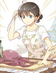 Rule 34 | 1girl, 1other, apron, blue eyes, blue shirt, brown hair, cutting board, floral print, flower, kitchen knife, mono lith, nervous, octopus, original, pink apron, pink flower, shirt, short hair, sweat, white background, white shirt, yellow flower