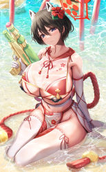 Rule 34 | 1girl, absurdres, bare shoulders, black hair, blue archive, blue eyes, blush, breasts, closed mouth, flower, hair between eyes, hair flower, hair ornament, highres, huge breasts, kneeling, looking at viewer, outdoors, partially submerged, smile, solo, thighhighs, thighs, tiri man, tsubaki (blue archive), water, water gun, wet, white thighhighs