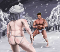 Rule 34 | 1boy, 1girl, ass, battle, billy herrington, letty whiterock, muscular, outdoors, plant, sky, snow, standing, touhou, tree, what
