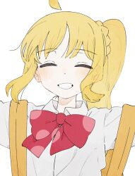 Rule 34 | 1girl, ahoge, blonde hair, blush, bocchi the rock!, bow, bowtie, braid, closed eyes, collared shirt, detached ahoge, facing viewer, grin, highres, ijichi nijika, long hair, red bow, red bowtie, shirt, side braid, side ponytail, sidelocks, simple background, smile, solo, tenoo12, upper body, white background, white shirt