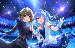 Rule 34 | 2girls, alternate hairstyle, arm guards, belt, black gloves, blue eyes, blue hair, bracelet, brown hair, choker, clock, dress, earrings, frills, game cg, gloves, glowstick, green eyes, green hair, heterochromia, holding, holding microphone, hololive, hoshimachi suisei, idol, idol clothes, idolmaster, idolmaster cinderella girls, idolmaster cinderella girls starlight stage, jewelry, layered dress, microphone, multicolored hair, multiple girls, necklace, official art, one eye closed, pearl bracelet, pearl necklace, side ponytail, single glove, smile, stage lights, starry sky bright (idolmaster), takagaki kaede, tiara, turtleneck, virtual youtuber, white choker, white dress, white gloves